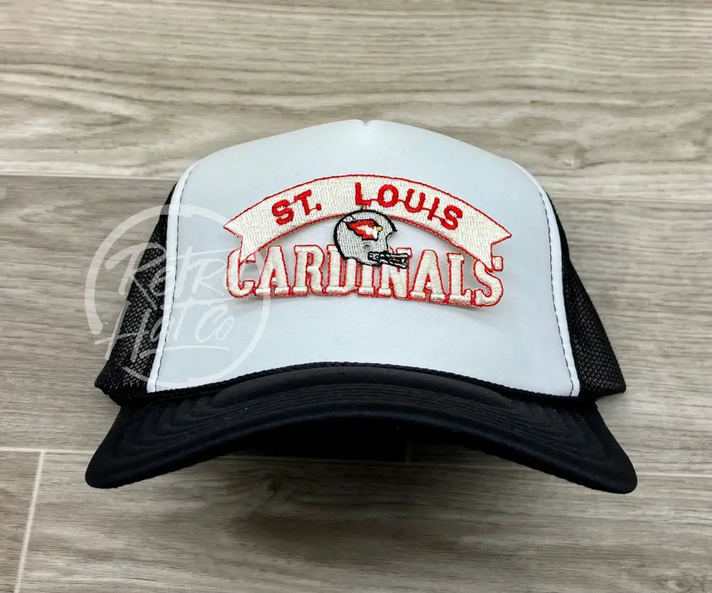 Vintage 80s St. Louis Cardinals Patch on Black/White Meshback Trucker Hat