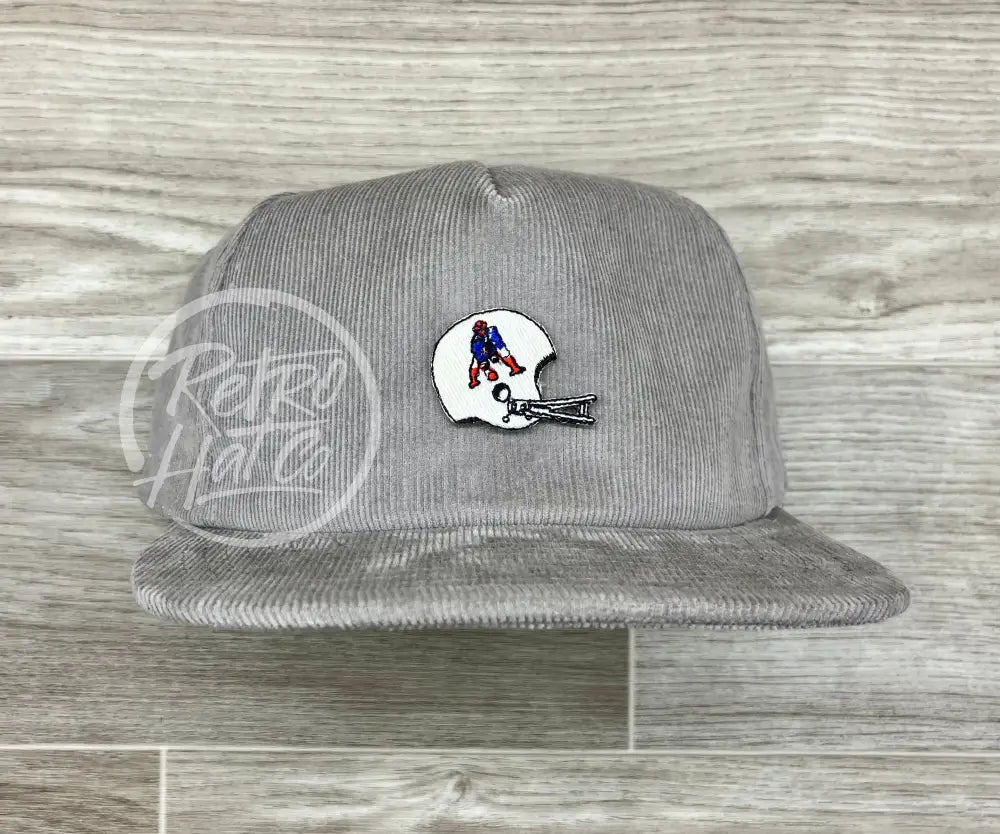 Vintage 90s New England Patriots Helmet Patch on Gray Corduroy Hat