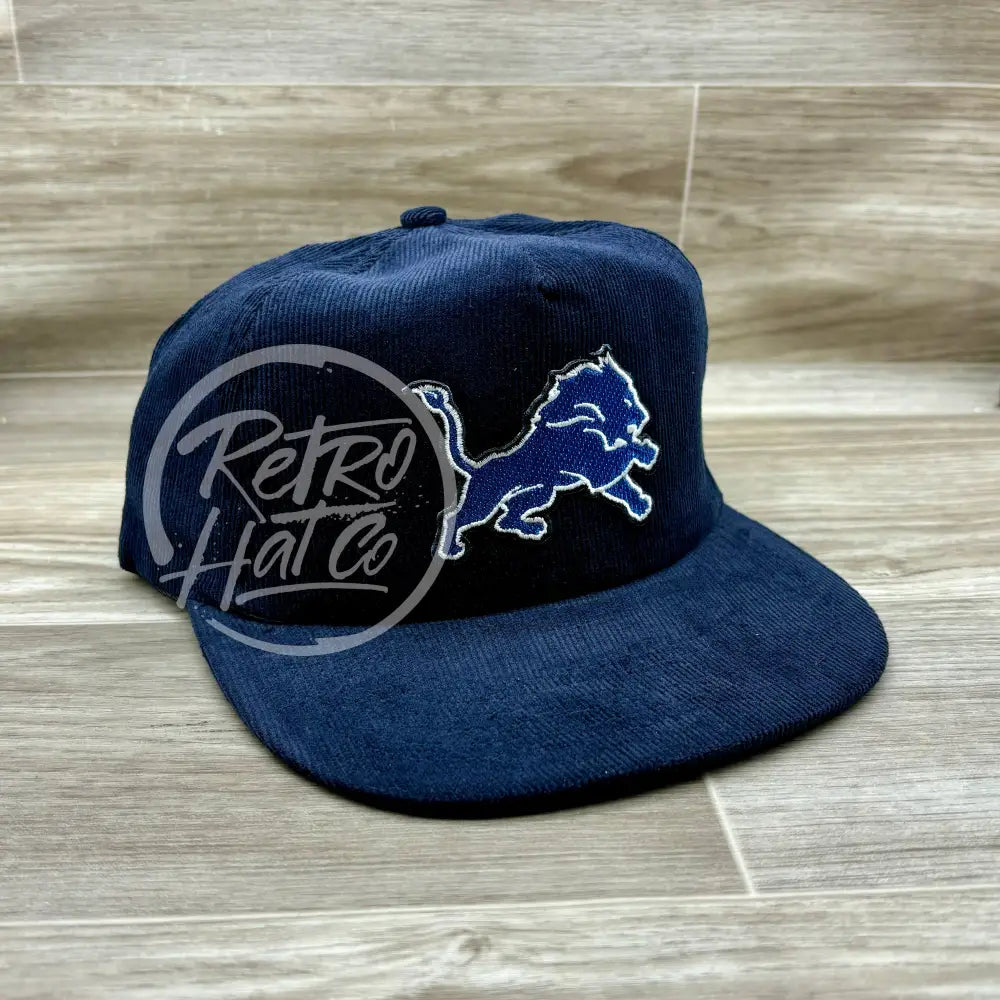 Retro Detroit Lions Patch on Navy Corduroy Hat