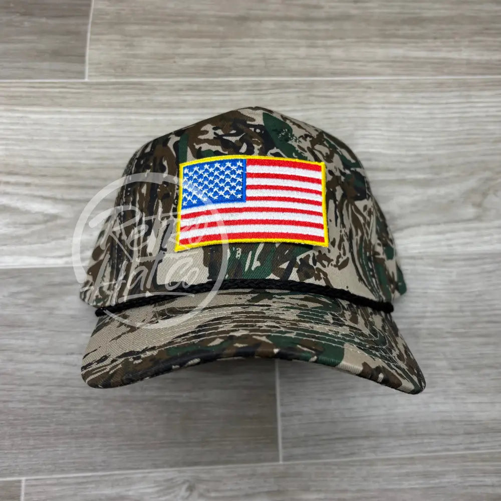 American Flag Patch on RealTree Camo Retro Hat w/Black Rope