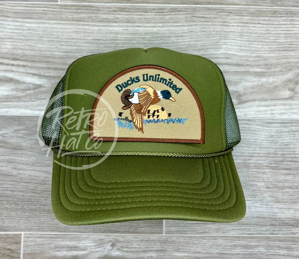 Retro Ducks Unlimited on Olive Meshback Trucker Hat