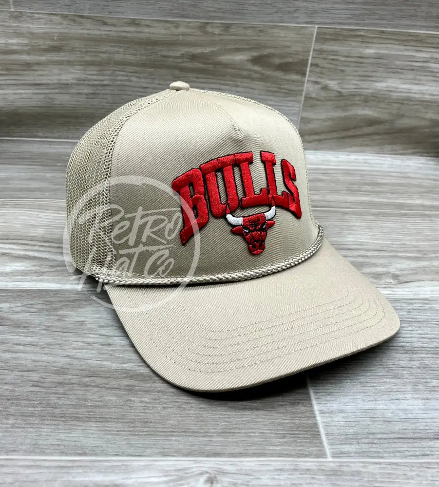 Vintage 90s Chicago Bulls Patch (red) on Tan (Structured) Meshback Rope Hat