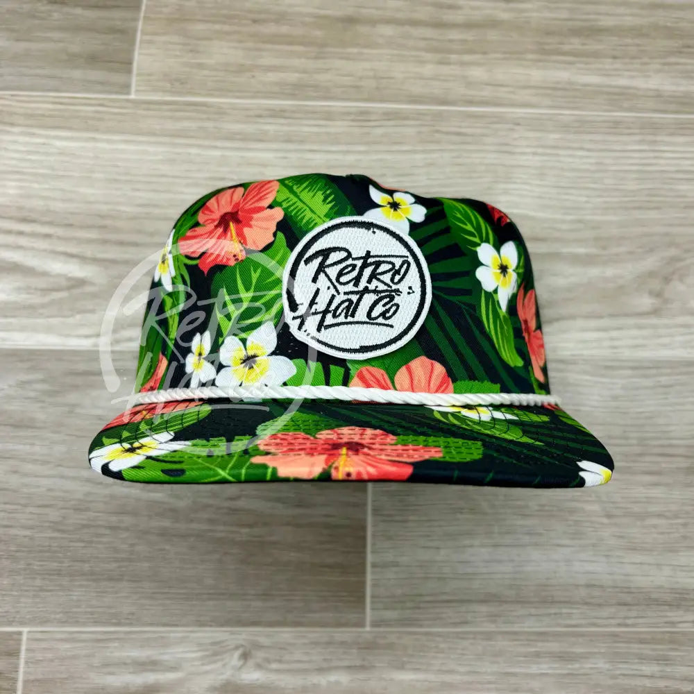 Retro Hat Co Brand (white) Patch on Black Hawaiian Retro Rope Hat w/Leather Strap Back