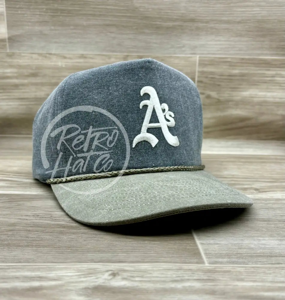 Vintage 90s Oakland A’s (white) Patch on Charcoal/Sand Retro Rope Hat