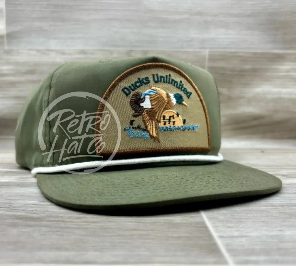 Retro Ducks Unlimited on Olive Retro Hat w/White Rope