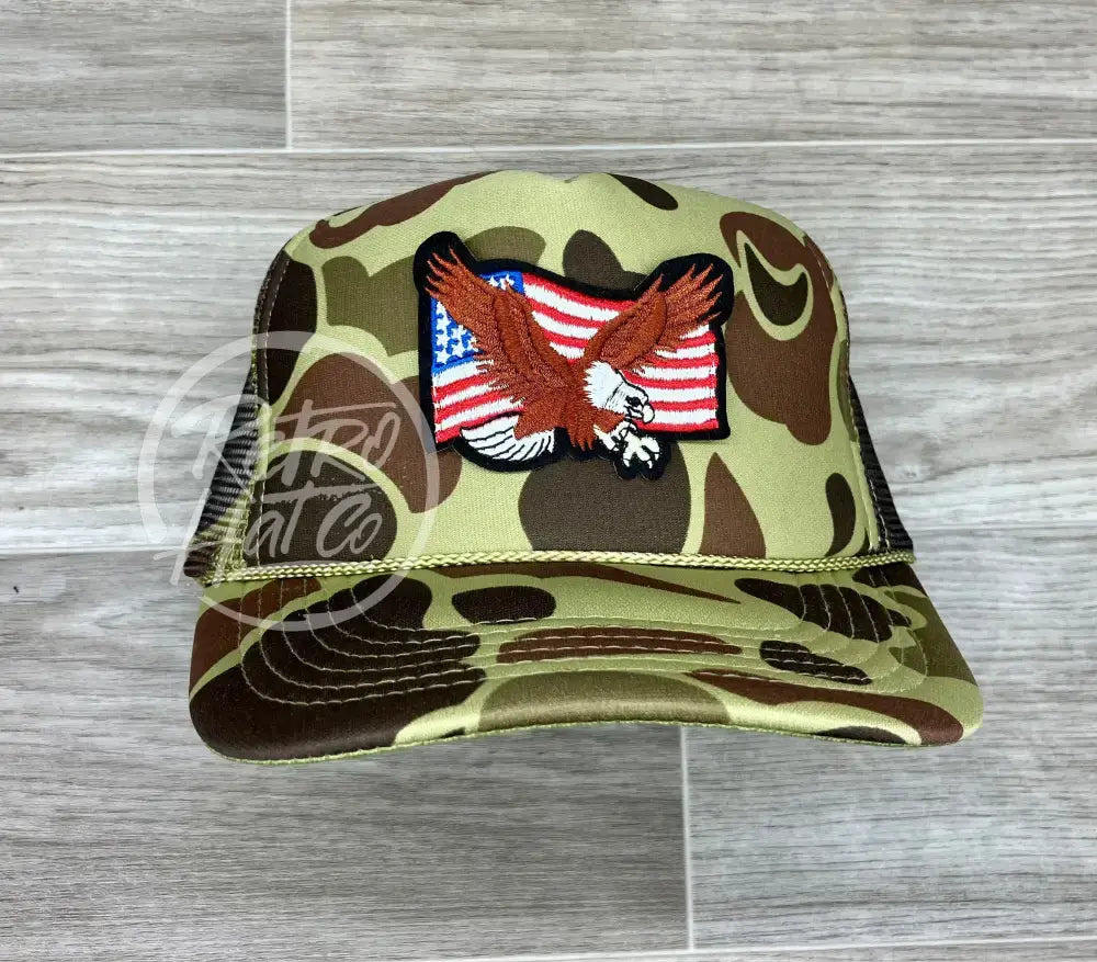 American Flag & Eagle Patch on Full Camo Meshback Trucker Hat