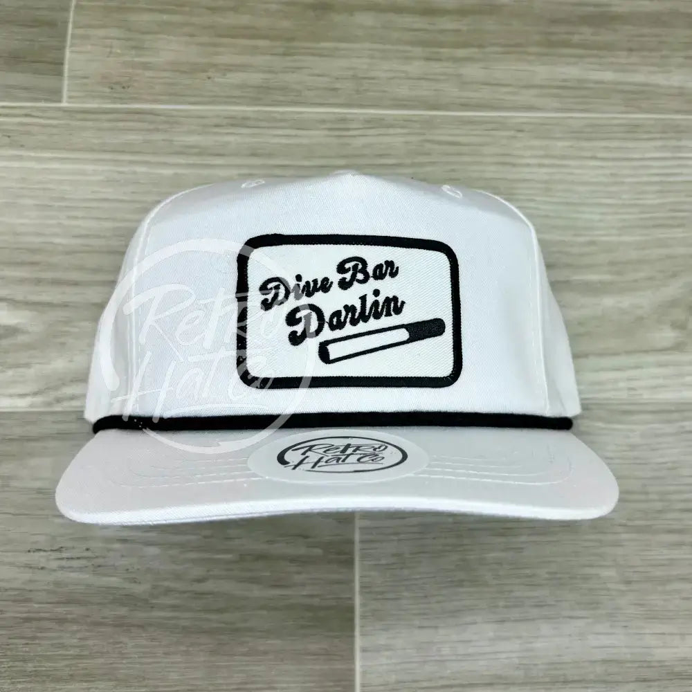 Dive Bar Darlin Patch on White Retro Hat w/Black Rope