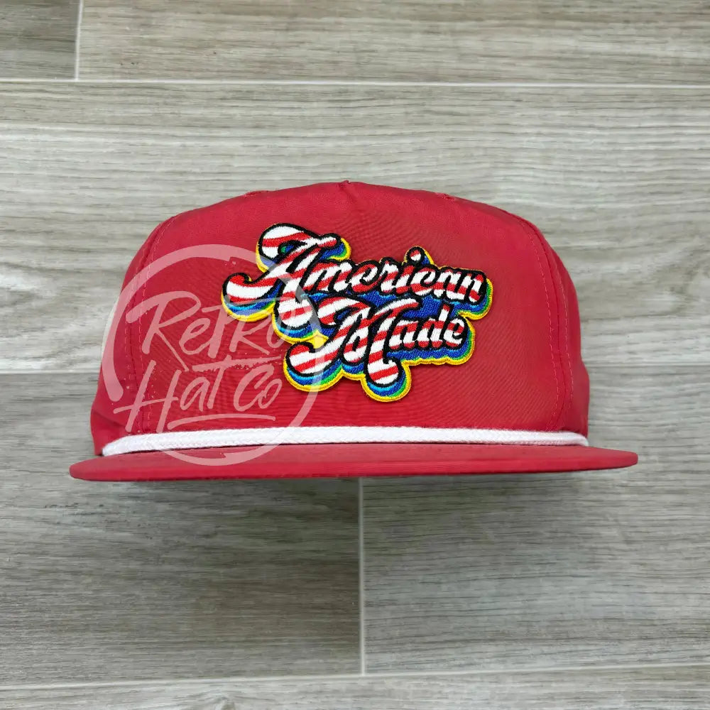 American Made Patch on Red Poly Retro Rope Hat