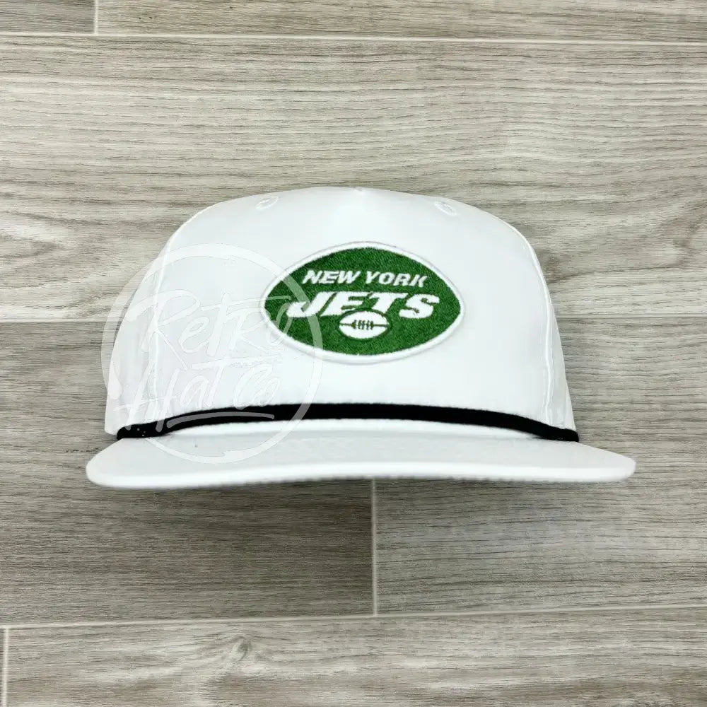 New York Jets Oval Patch on White Retro Hat w/Black Rope