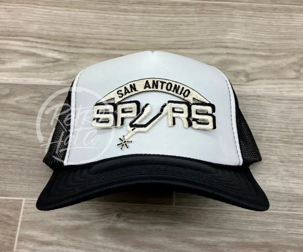 Vintage 90s San Antonio Spurs Patch on Black/White Meshback Trucker Hat