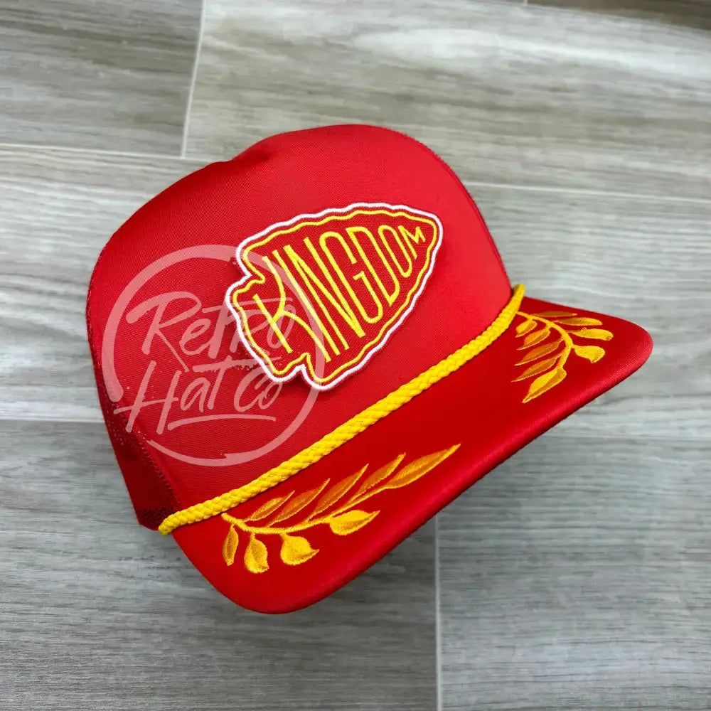 Kansas City Chiefs Kingdom Patch on Red Meshback Trucker Hat w/Oak Leaves