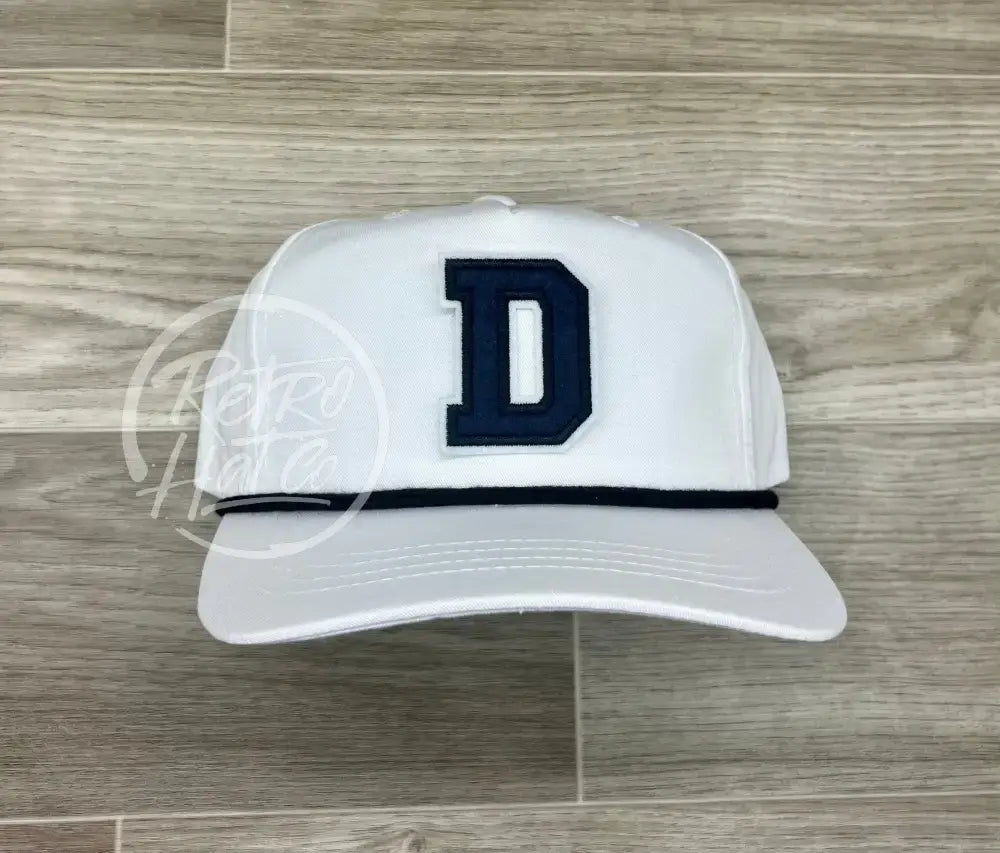 D Letter Patch on White Retro Hat w/Black Rope