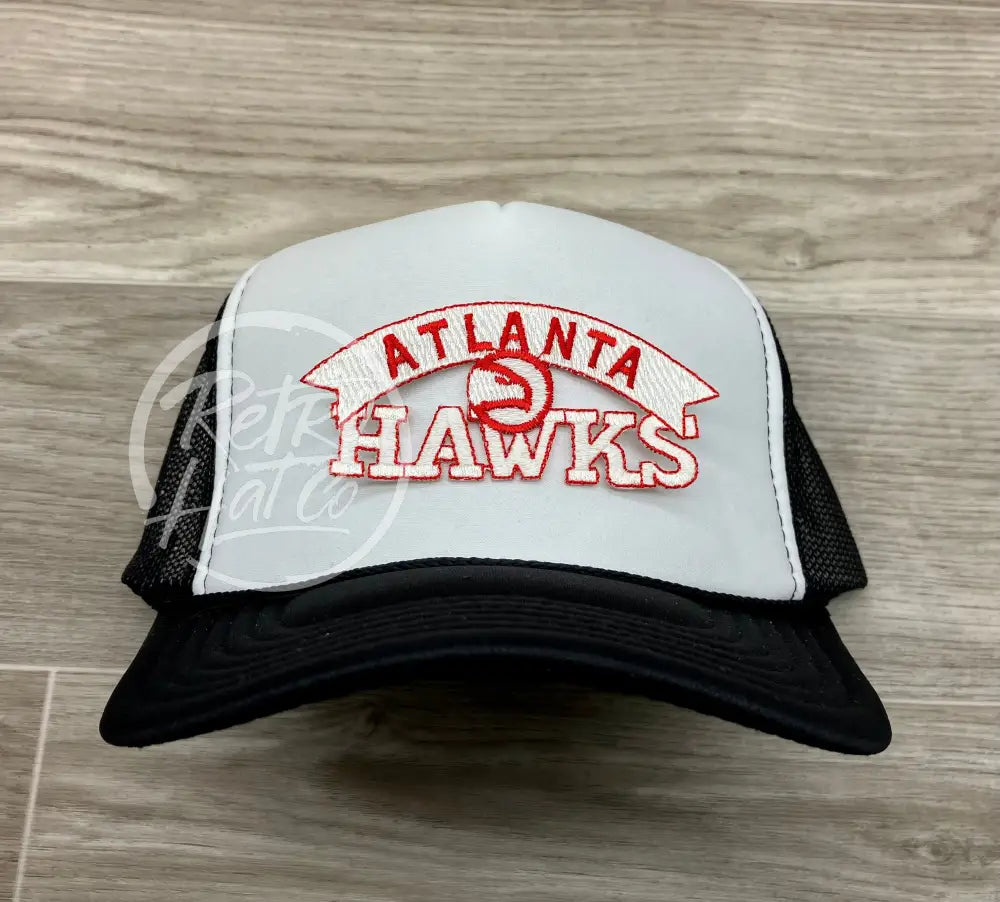 Vintage 90s Atlanta Hawks Patch on Black/White Meshback Trucker Hat