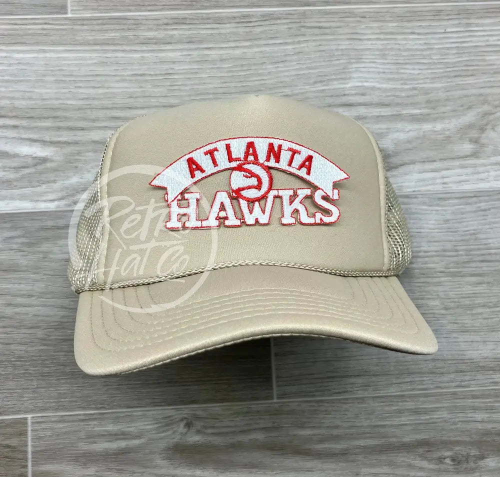 Vintage 90s Atlanta Hawks Patch on Beige Meshback Trucker Hat