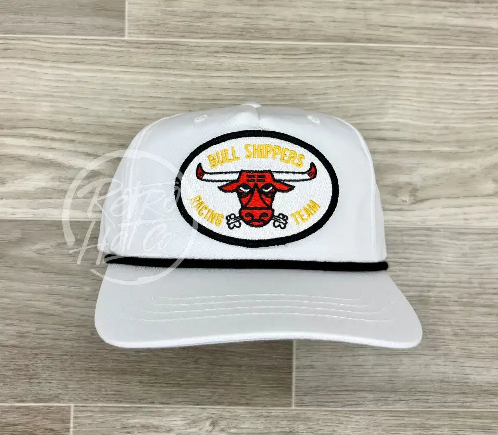 Bull Shippers Racing Team on White Retro Hat w/Black Rope