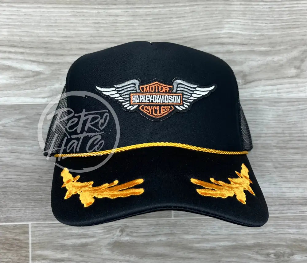 Vintage Harley Davidson Wings Patch on Black Trucker Hat w/Scrambled Eggs