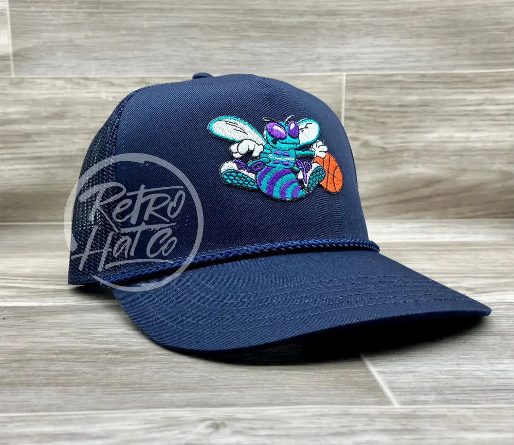 Vintage 90s Charlotte Hornets Patch on Navy Meshback Trucker Hat