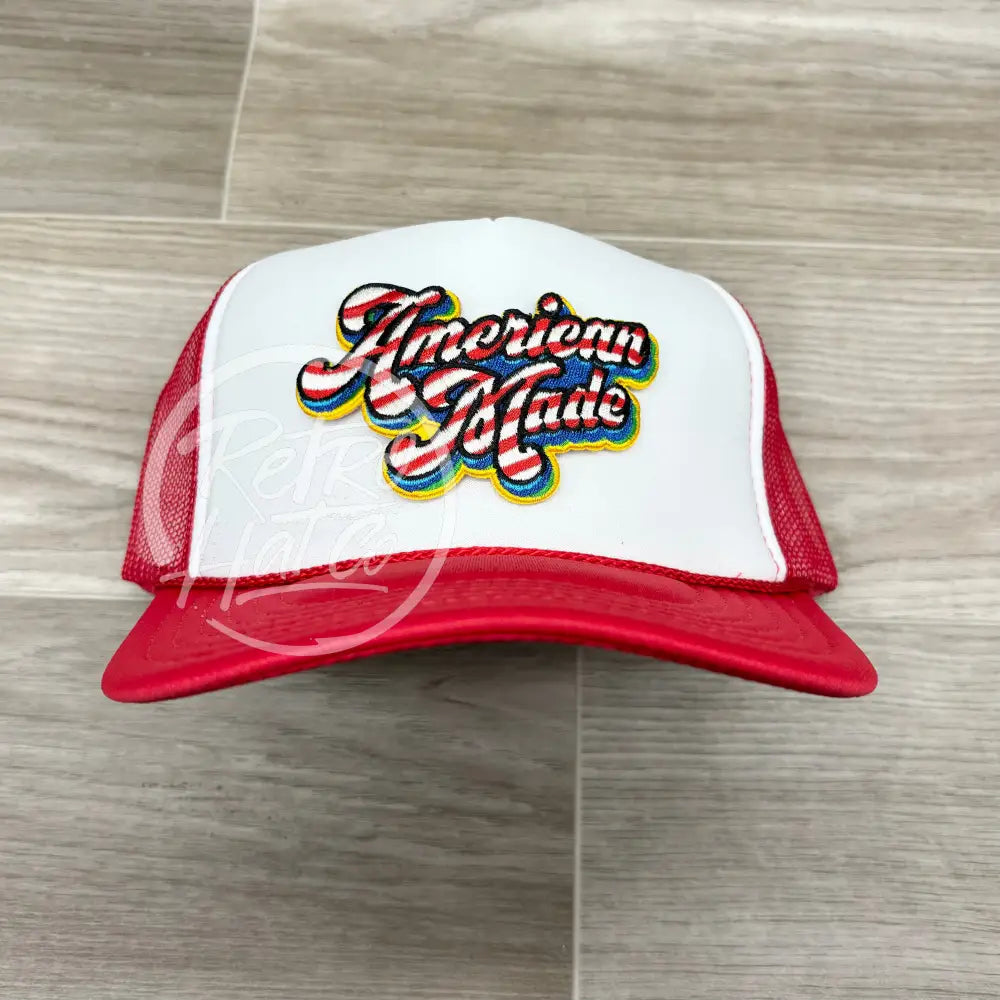 American Made Patch on Red/White Meshback Trucker Hat