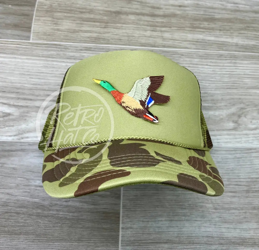 Duck / Mallard Patch on Solid Front Camo Meshback Trucker Hat