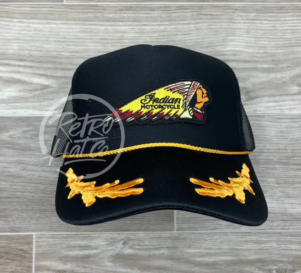 Indian Motorcycle Chief Headdress (Yellow) Patch on Black Trucker Hat w/Scrambled Eggs