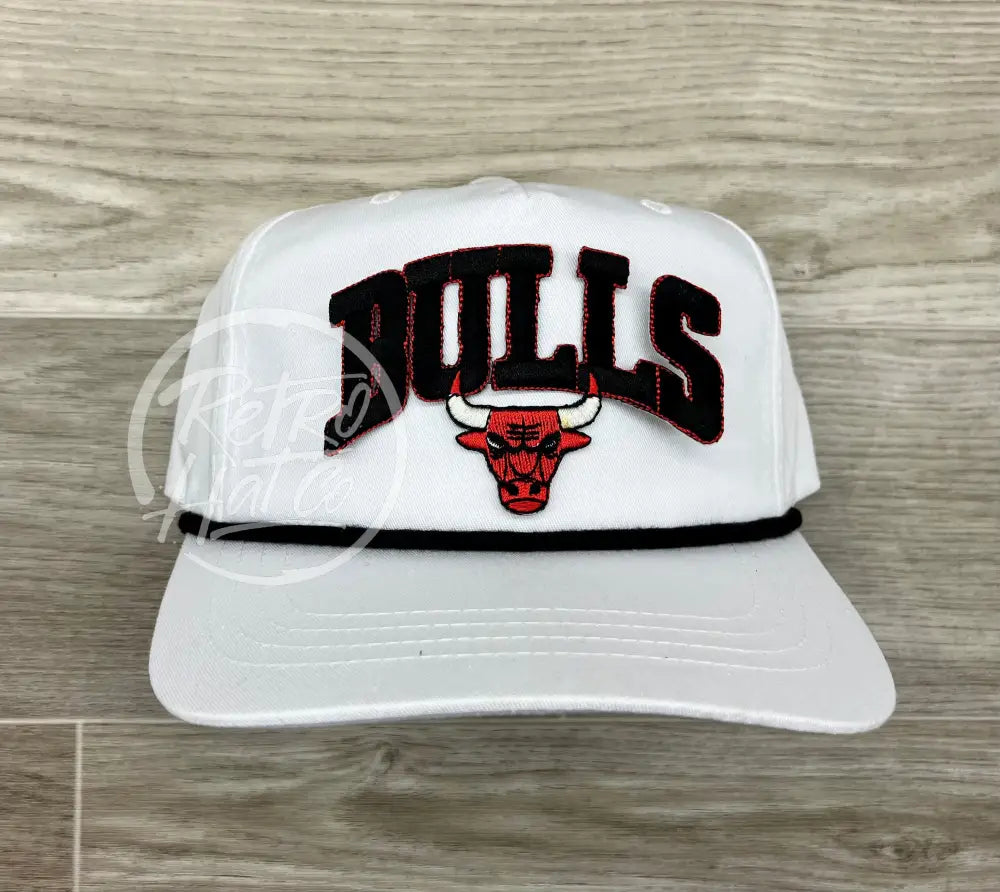 Vintage 90s Black Chicago Bulls Patch on White Retro Hat w/Black Rope