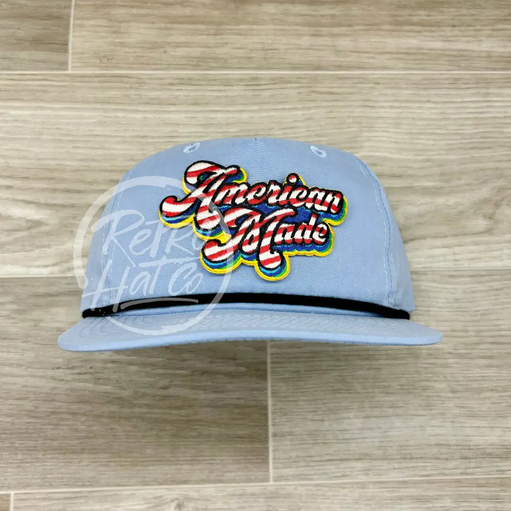 American Made Patch on Baby Blue Retro Hat w/Black Rope