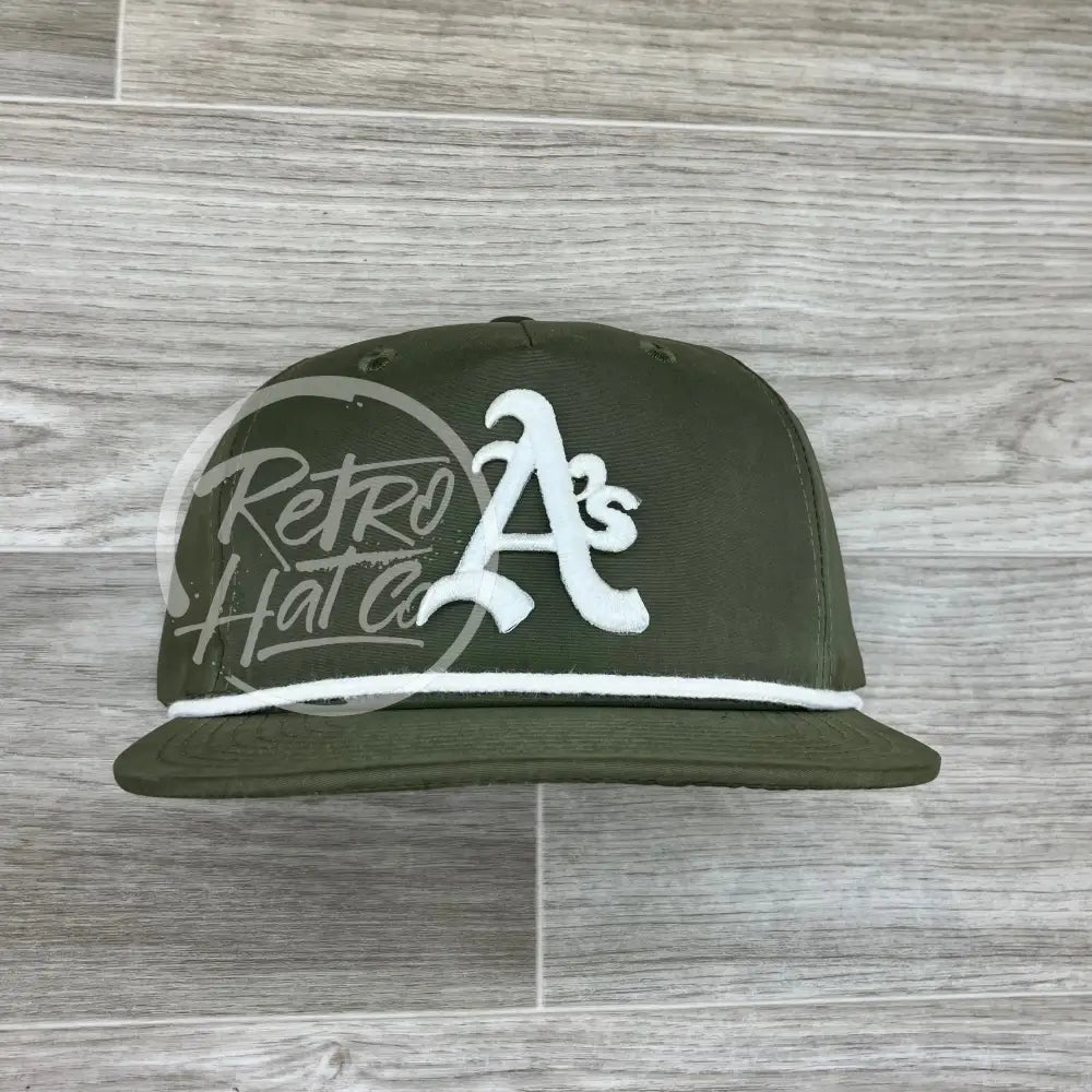 Vintage 90s Oakland A’s / Athletics (white) Patch on Olive Retro Hat w/White Rope