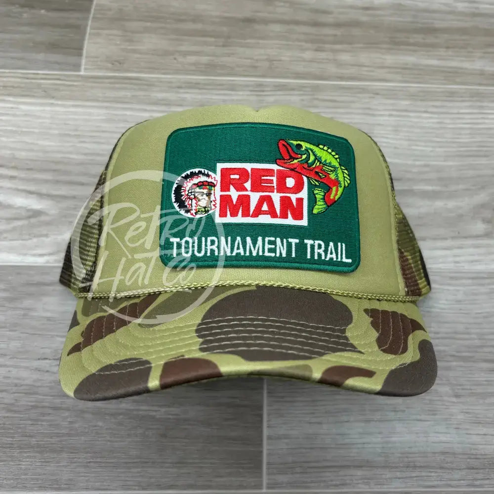 Red Man Tournament Trail Fishing Patch on Solid Front Meshback Trucker Hat