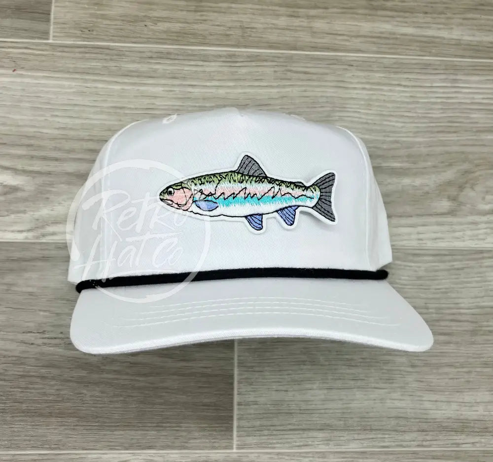 Trout on White Retro Hat w/Black Rope