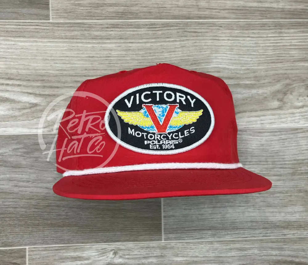 Victory Motorcycle Biker Patch on Red Poly Retro Rope Hat