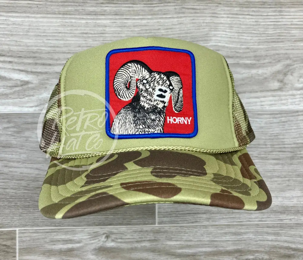 Big Horn Sheep / Horny on Solid Front Camo Trucker Hat