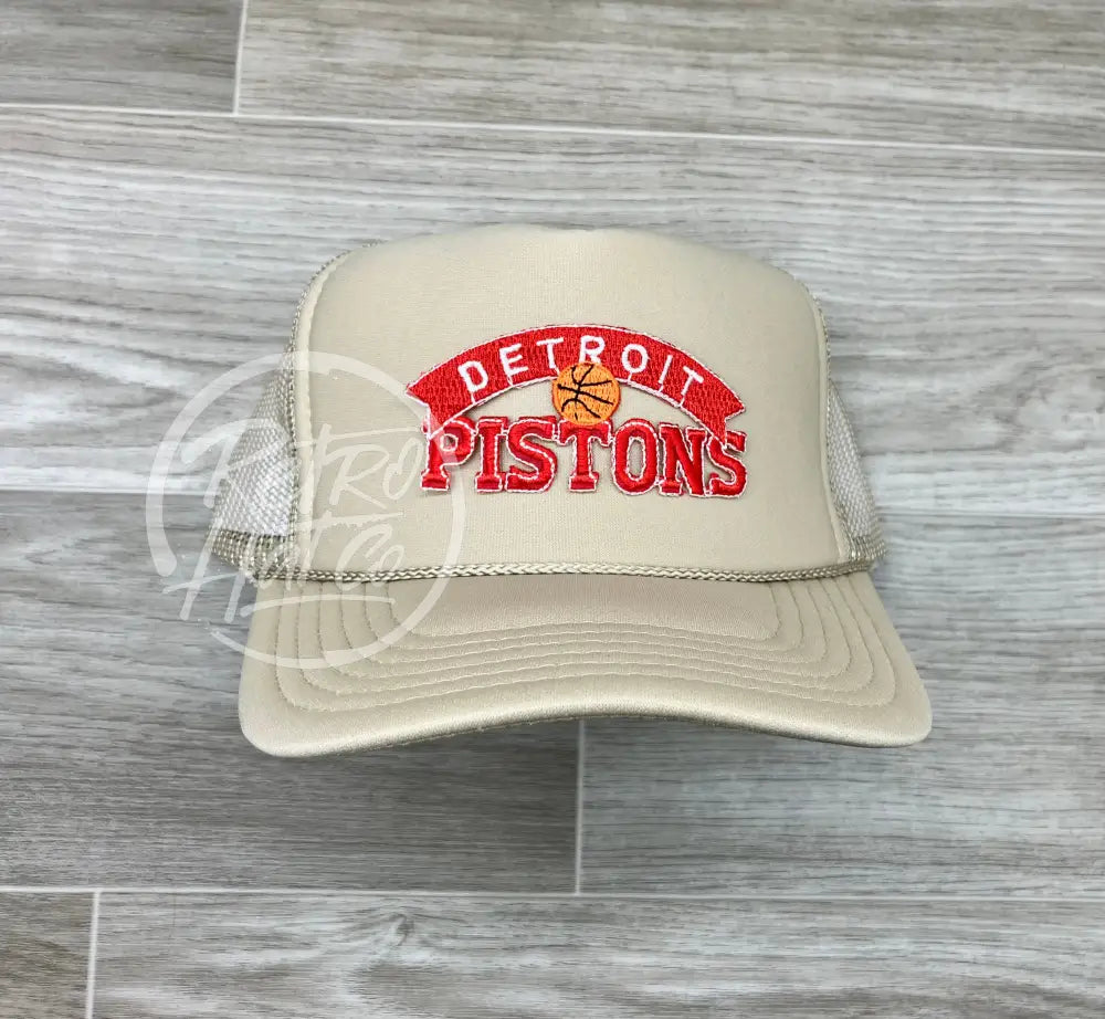 Vintage 90s Detroit Pistons Arch Patch on Beige Meshback Trucker Hat