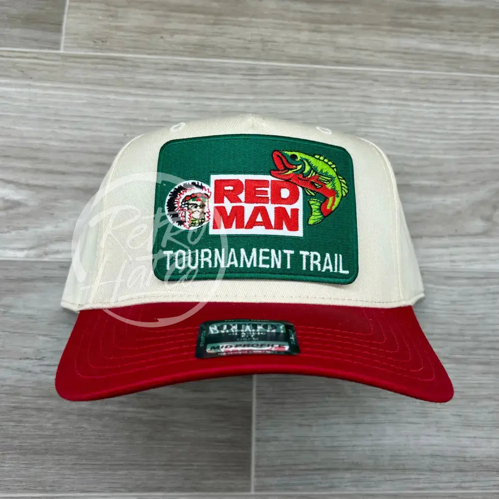 Red Man Tournament Trail Fishing Patch on Natural/Red Retro Hat