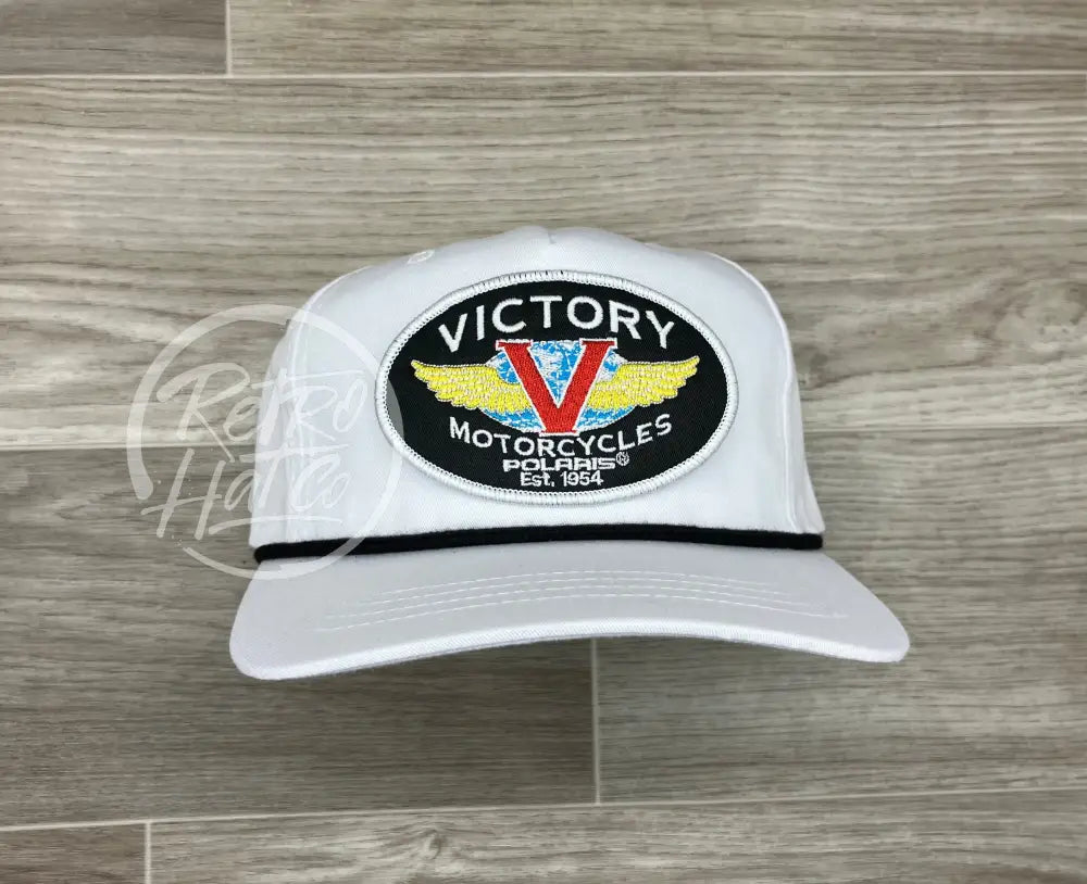 Victory Motorcycle Biker Patch on White Retro Hat w/Black Rope