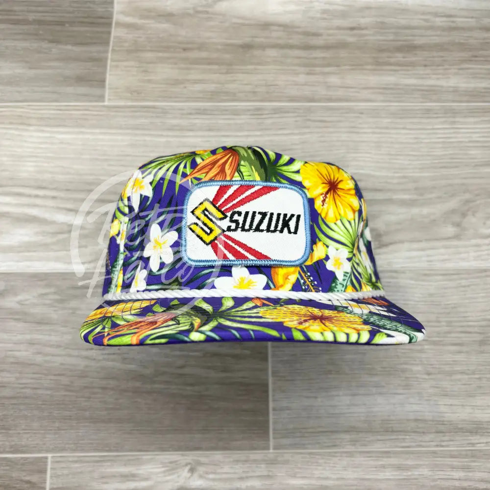 Vintage Suzuki Patch on Purple Hawaiian Retro Rope Hat w/Leather Strap Back