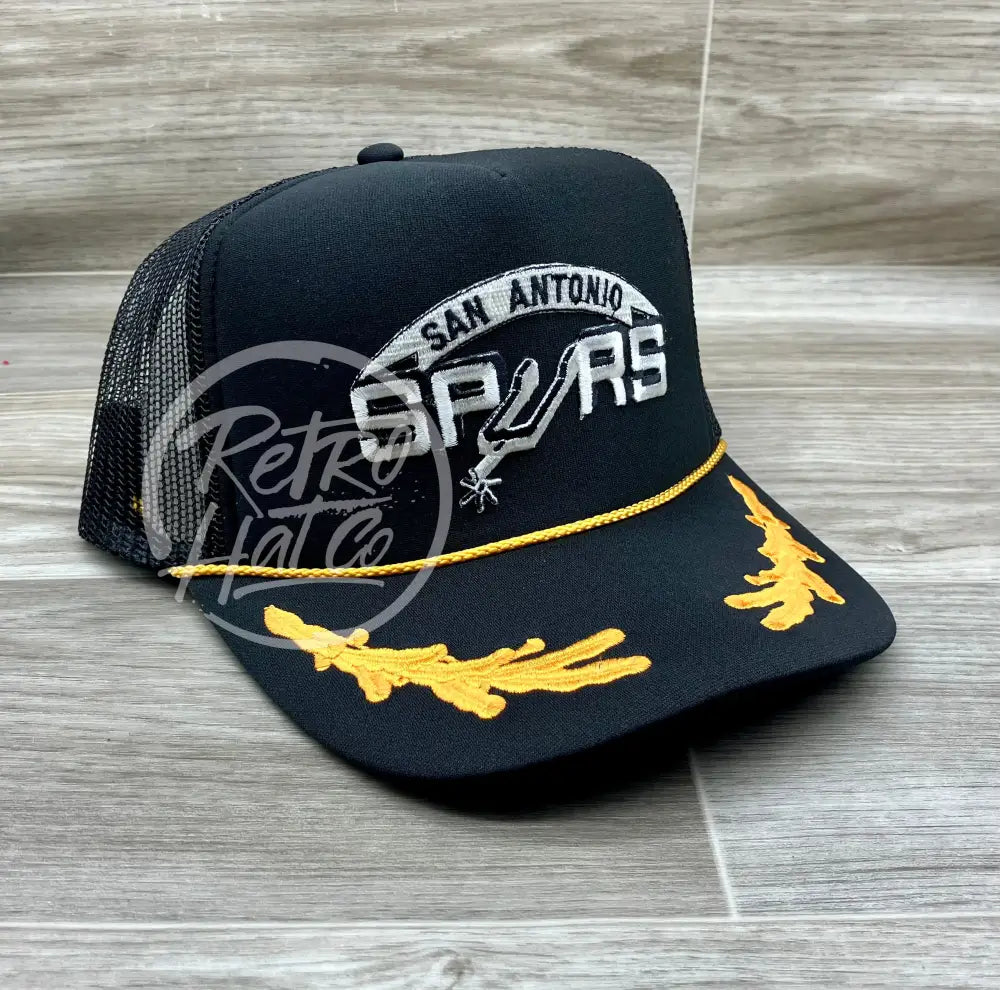 Vintage 90s San Antonio Spurs Patch on Black Meshback Trucker Hat w/Scrambled Eggs