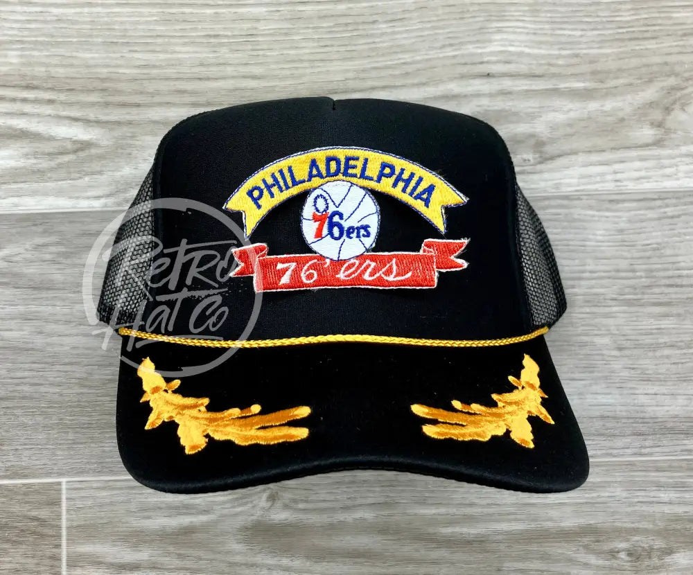 Vintage 90s Philadelphia 76ers Patch on Black Meshback Trucker Hat w/Scrambled Eggs