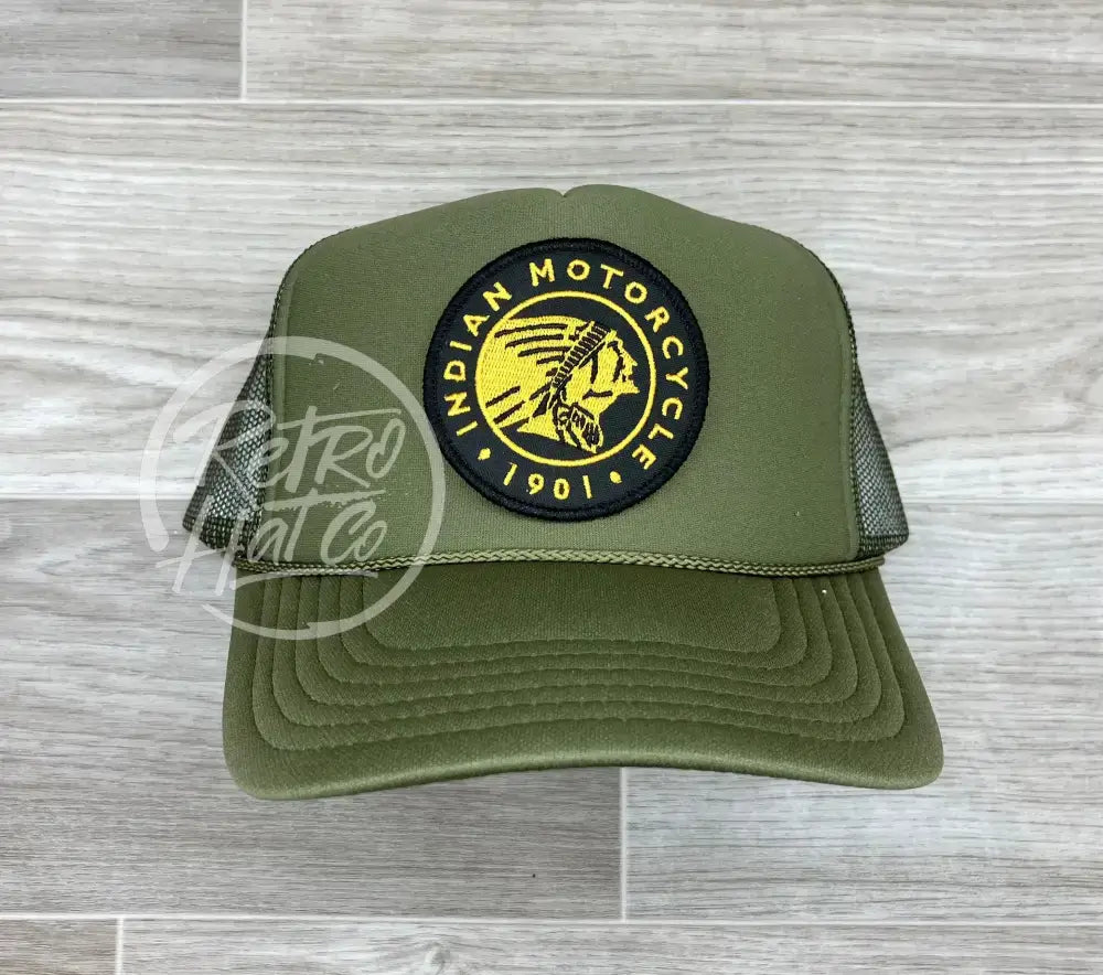 Indian Motorcycle (Blk Circle) on Olive Meshback Trucker Hat