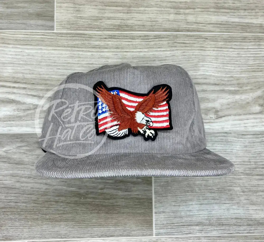 American Flag & Eagle Patch on Gray Corduroy Hat