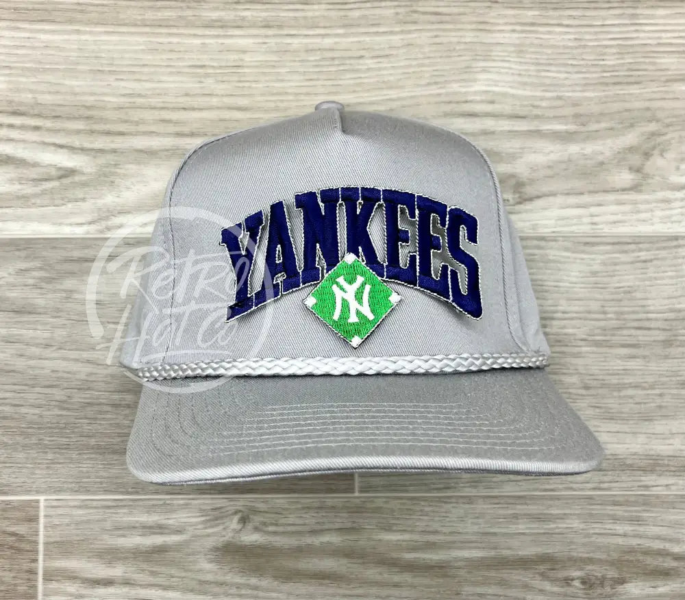 Vintage 90s New York Yankees (Navy Arch) Patch on Tall Gray Retro Rope Hat