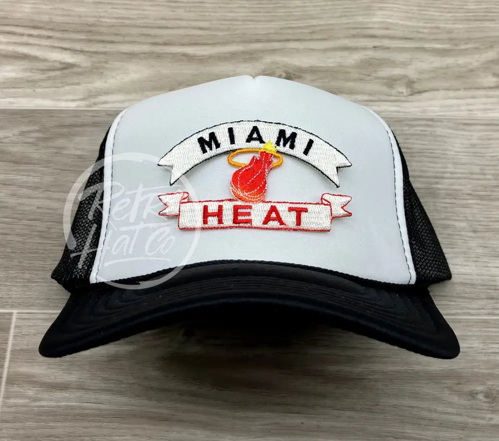 Vintage 90s Miami Heat Patch on Black/White Meshback Trucker Hat