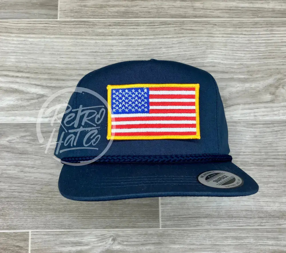 American Flag Patch on Blue Classic Retro Rope Hat